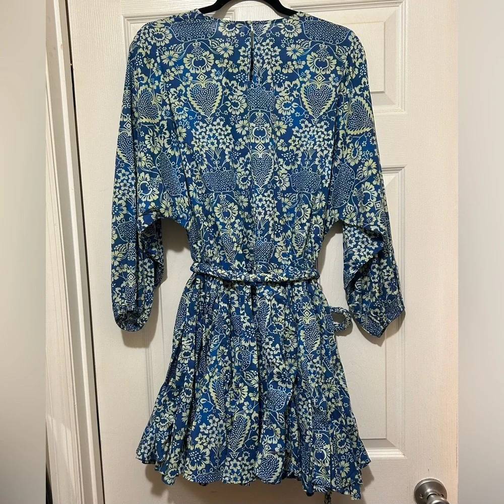 RHODE Floral Print Dress Blue Cream Feminine Ruffle Cotton Beach Vacation Sz Med